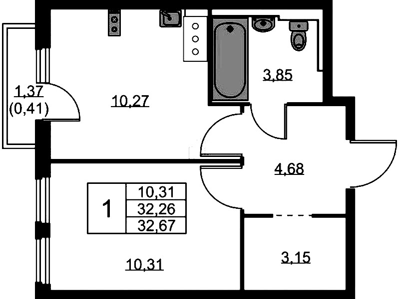 1-комнатная квартира 32.67 м², 10/11 эт., ЖК «Новое Колпино»